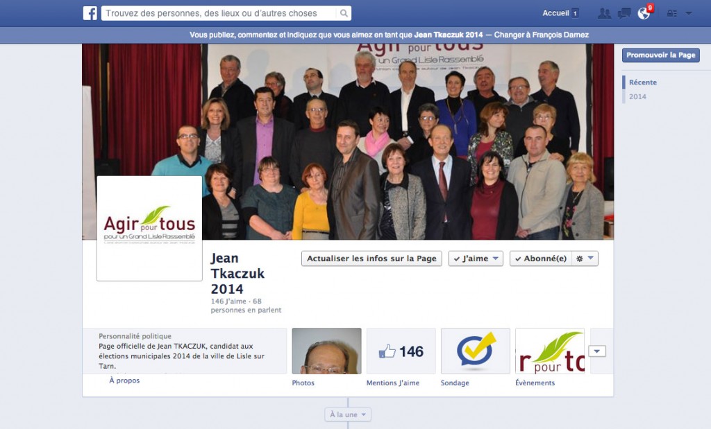 Page FACEBOOK de Jean TKACZUK, candidat aux élections municipales 2014 de la ville de Lisle sur Tarn.