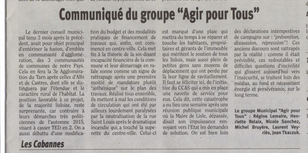 Agir Poutr Tous, conseil municipal du 6 octobre 2016, article du Tarn Libre