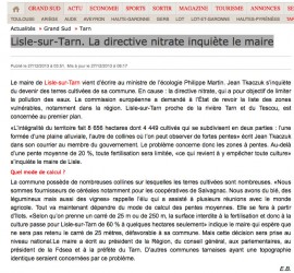 Lisle-sur-Tarn. La directive nitrate inquiète le maire - Article publié dans La Dépêche.