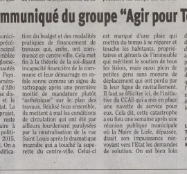 Agir Poutr Tous, conseil municipal du 6 octobre 2016, article du Tarn Libre